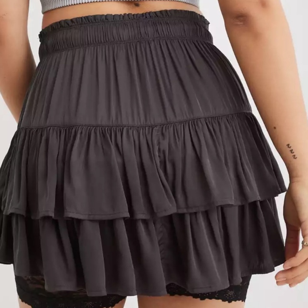 Aerie | Sweet ‘N’ Silky Satin Black Ruffle Skirt Medium - Picture 2 of 7